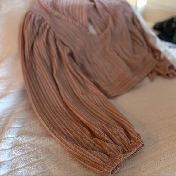 Free People Autumn Nights Striped Puff Sleeve Tie-Back Top - Orchid Rain - Picture 6 of 8